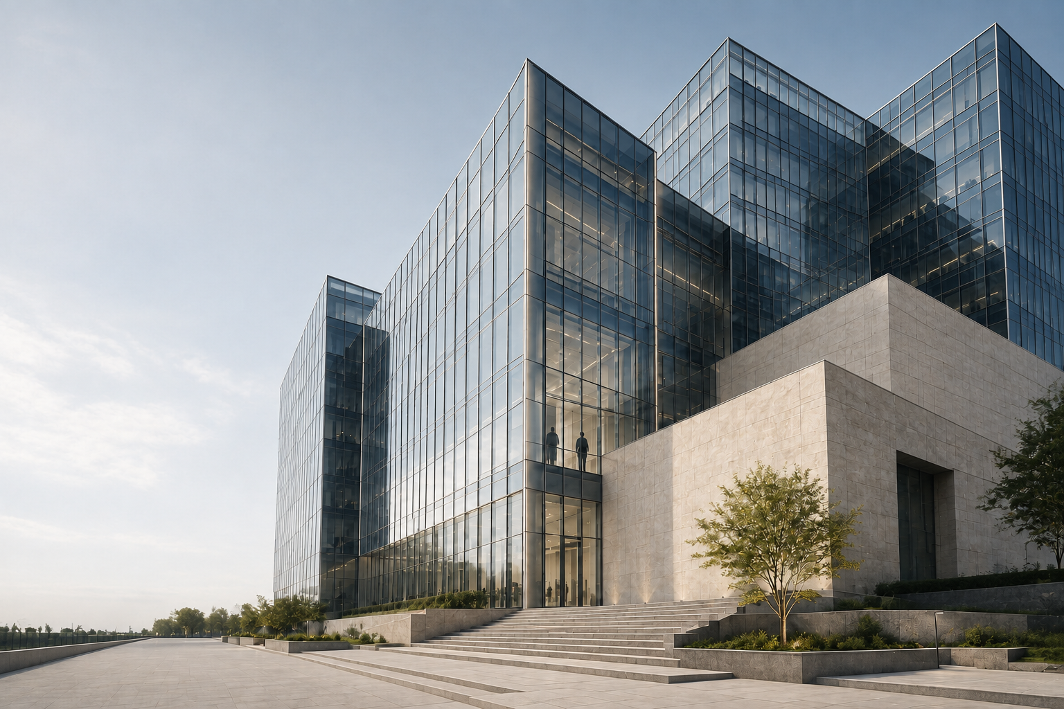 The same contemporary financial institution architecture in refined daylight