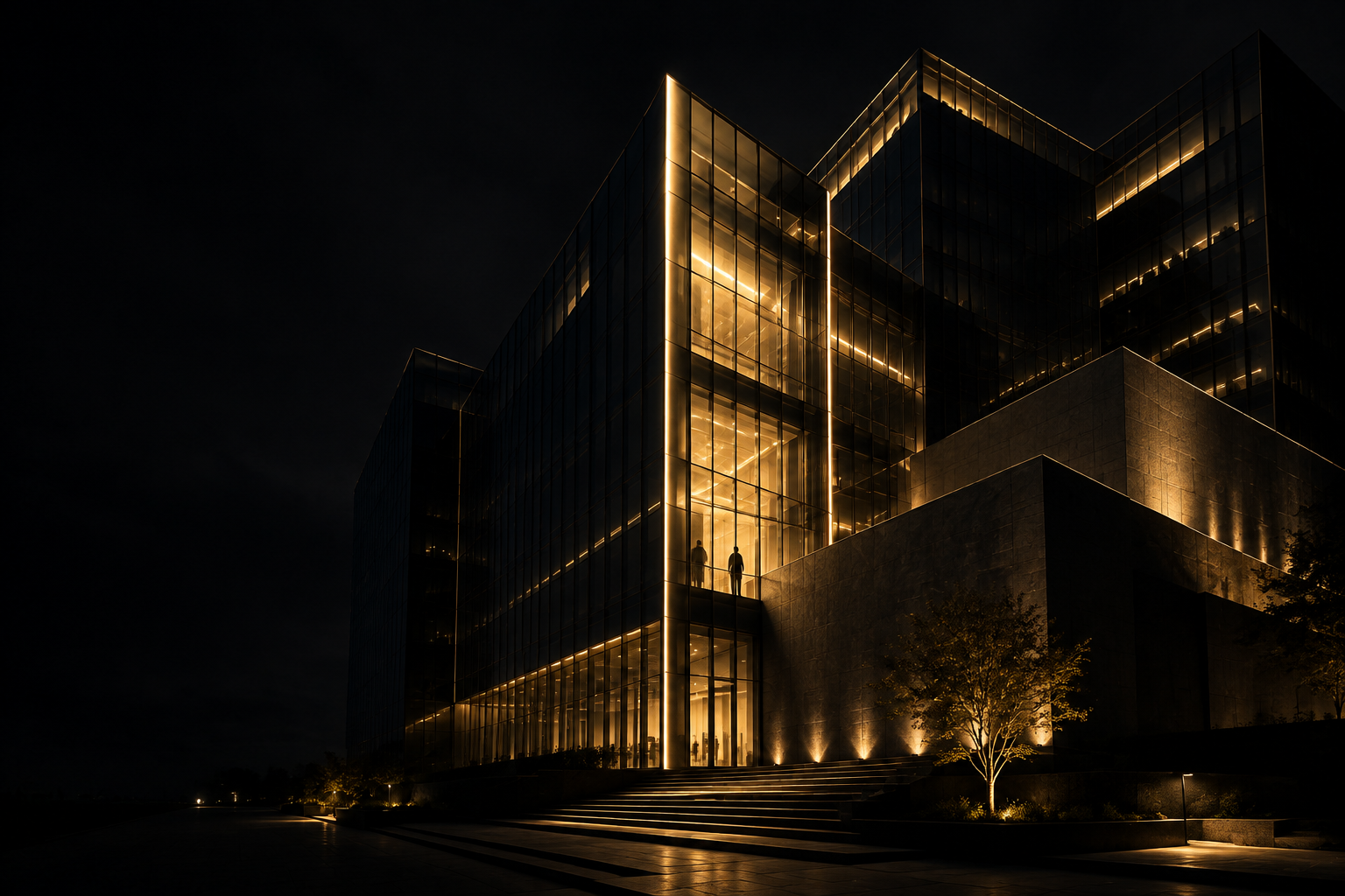 Contemporary black-glass institutional architecture lit with warm champagne light at night